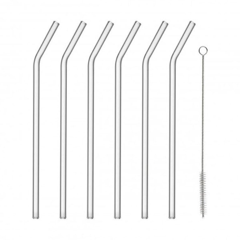 SALA Set of 6 Glass Straws, W Cleaning Brush, Smoke Color - SALA مجموعة أعواد شرب زجاجية 6 قطع وفرشاة تنظيف , لون رمادي داكن