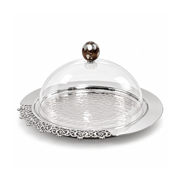 Round Metal Lace Tray With Msadaf Plexiglass Cover - Size Small - صينية دانتيل معدنية مستديرة مع غطاء زجاجي - حجم صغير
