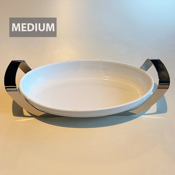 Stainless Steel Oval Dish with holder medium - طبق بيضاوي مع حامل فضي/متوسط