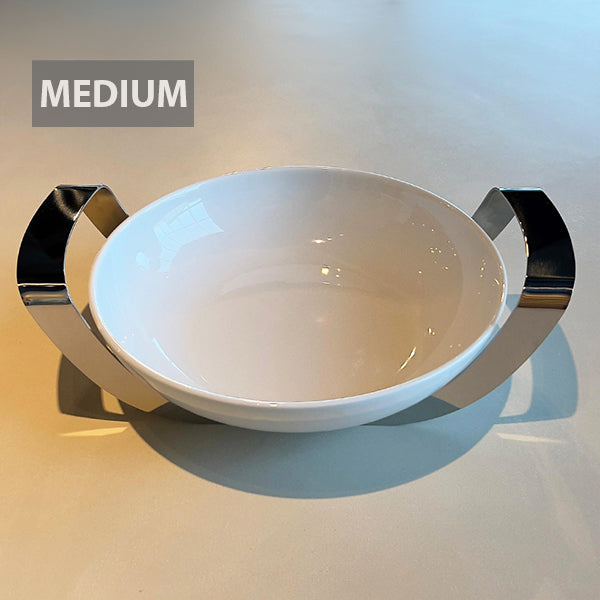 Stainless Steel Round Dish with holder medium 36x28 - طبق دائري مع حامل فضي/متوسط