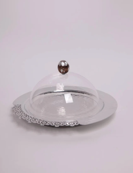 Round Metal Lace Tray With Msadaf Plexiglass Cover - Size Big - صينية دانتيل معدنية مستديرة مع غطاء زجاجي - حجم كبير