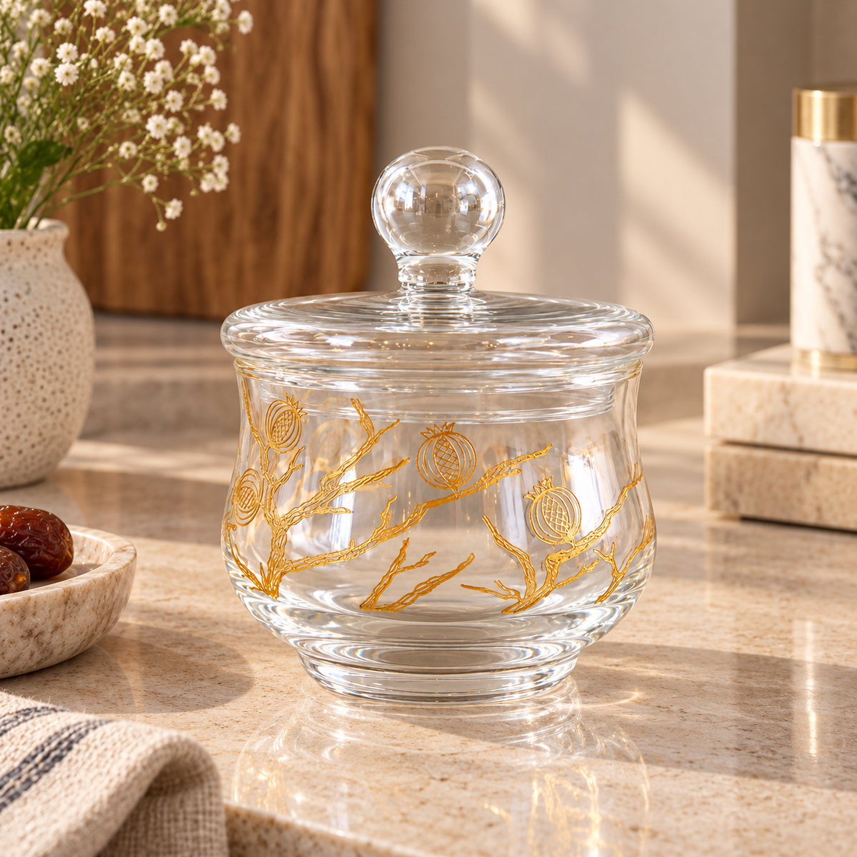 Pomegranate Engraving Sugar Bowl, Gold Color - وعاء سكر بنقش الرمان, ذهبي