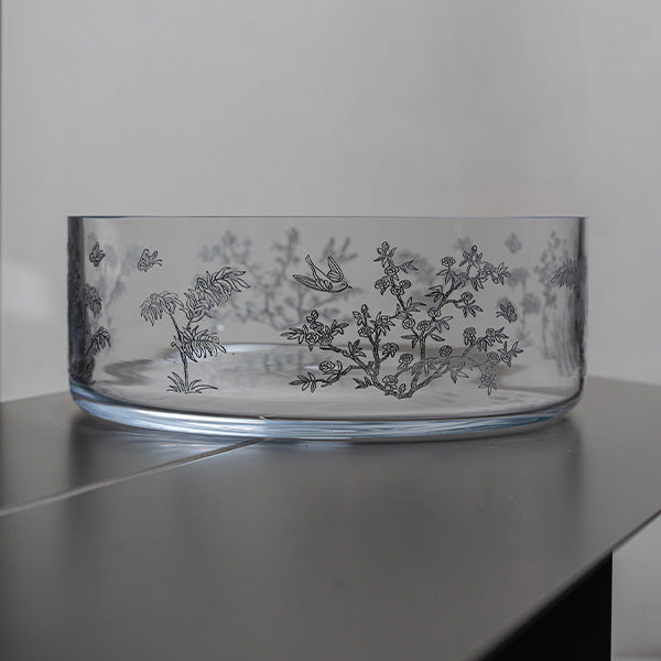 Silver Forest Large Bowl Glazed Satin 25 cm - وعاء حلوى نقش الطائر والغصن فضي 25 سم