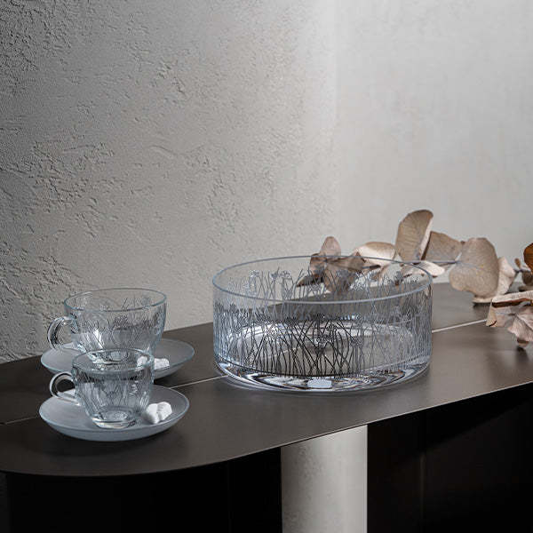 Silver Flying Botanical flower Large Bowl Glazed Satin 25 cm - وعاء تقديم بنقشة نباتية فضي 25 سم