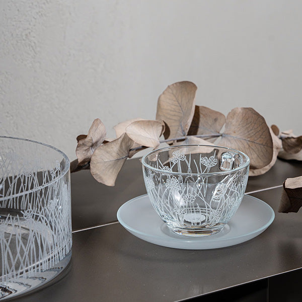 White Flying Botanical flower Cappuccino Cup ,Saucer - طقم اكواب كابتشينو مع صحن غير لامع بنقشة نباتية ,أبيض