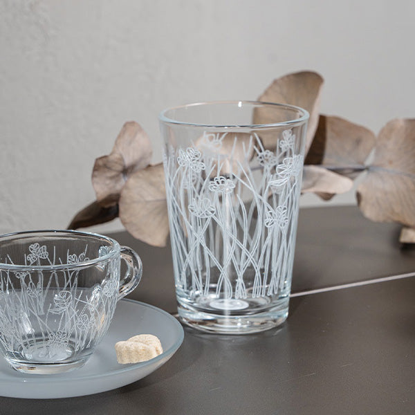 White Flying Botanical flower Drinking Glass Set -طقم اكواب بنقشة نباتية أبيض