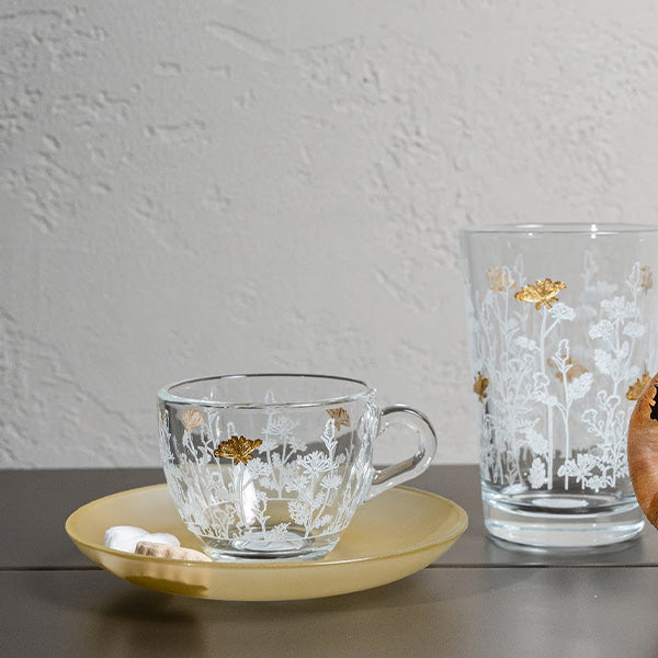 Gold Metallic Botanical flower Drinking Glass Set - طقم اكواب بنقشة نباتية معدني ذهبي