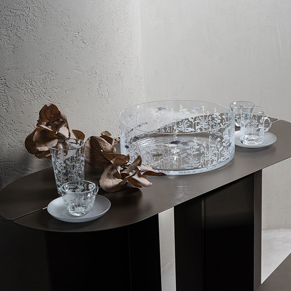 Silver Metallic Botanical flower Large Bowl Glazed Satin 25 cm - وعاء تقديم بنقشة نباتية معدني فضي 25 سم