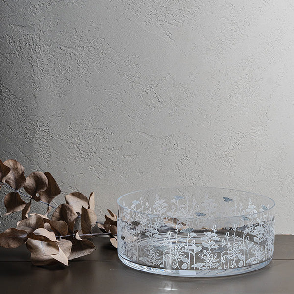 Silver Metallic Botanical flower Large Bowl Glazed Satin 25 cm - وعاء تقديم بنقشة نباتية معدني فضي 25 سم