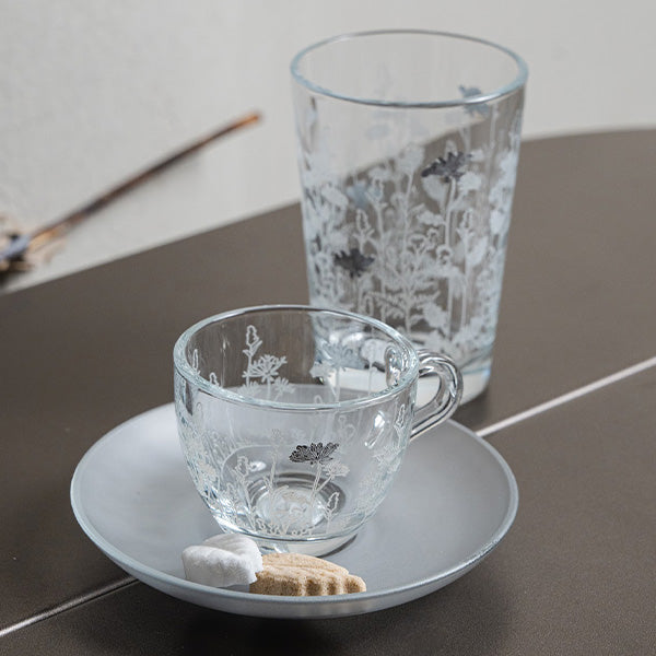 Silver Metalic Botanical flower Espresso Cup ,Saucer - طقم اكواب إسبرسو مع صحن غير لامع بنقشة نباتية معدني,فضي