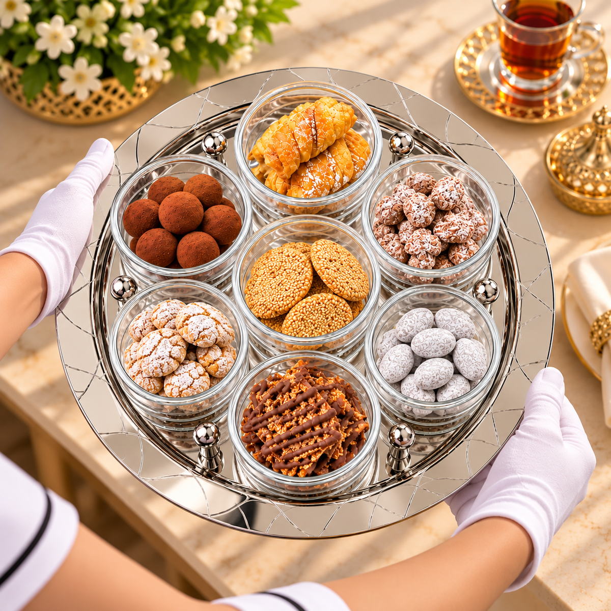 Abstract Silver Round Tray with 7 Cups - صينية دائرية فضية بتصميم أنيق مع 7 أكواب