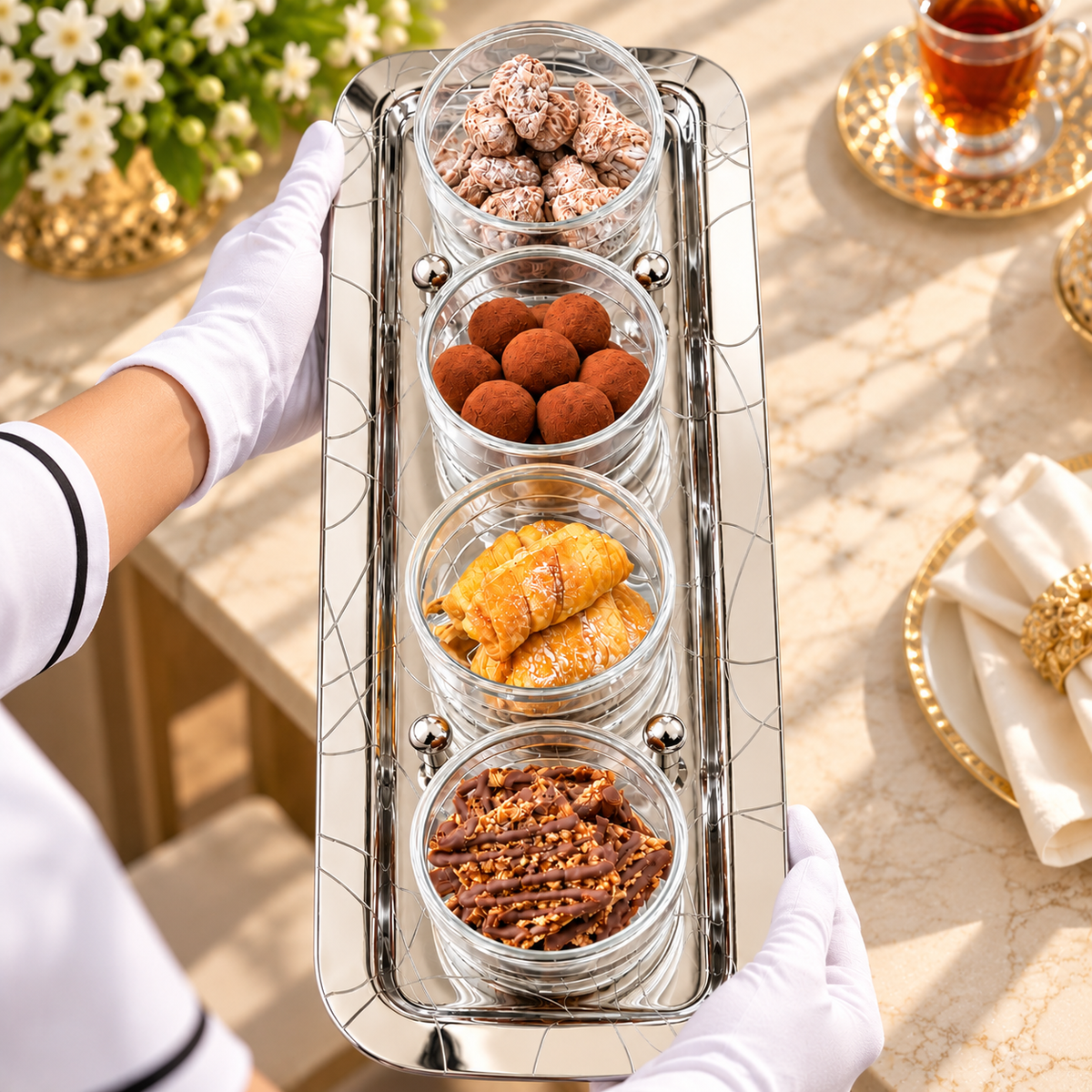Abstract Silver Tray with 4 Cups - صينية فضية بتصميم أنيق مع 4 أكواب