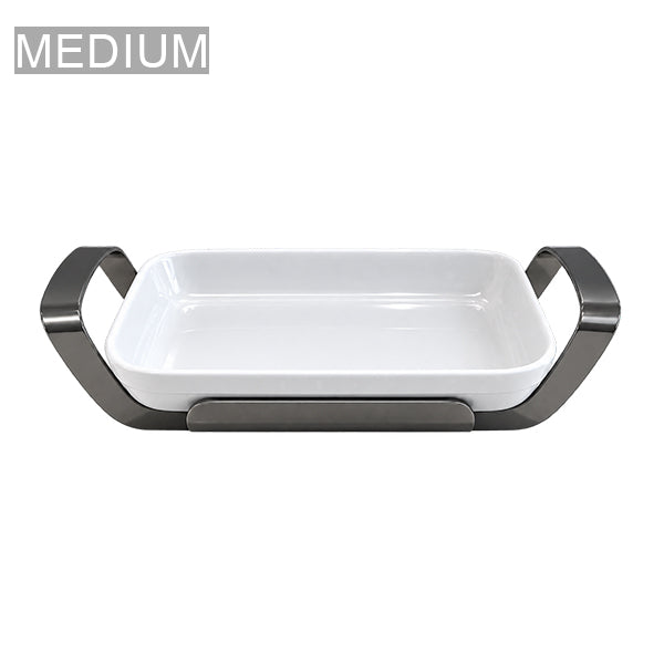 Shiny Black Rectangle Dish with holder medium- طبق مستطيل مع حامل أسود لامع/متوسط