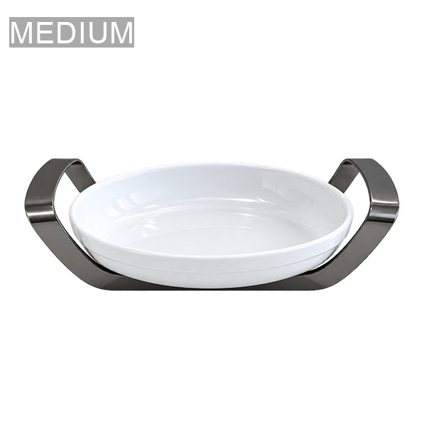 Shiny Black Oval Dish with holder medium - طبق بيضاوي مع حامل أسود لامع/متوسط
