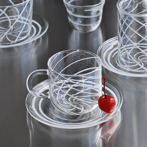 6 PC TEA CUP WITH SAUCER SWIRL WHITE STRIPES 6 PCS 11.5x6.5 CM - 6 قطع فناجين شاي مع صحن خطوط بيضاء 6 قطع 11.5x6.5 سم