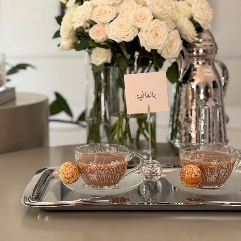 White Flying Botanical flower Espresso Cup ,Saucer - طقم اكواب إسبرسو مع صحن غير لامع بنقشة نباتية ,أبيض