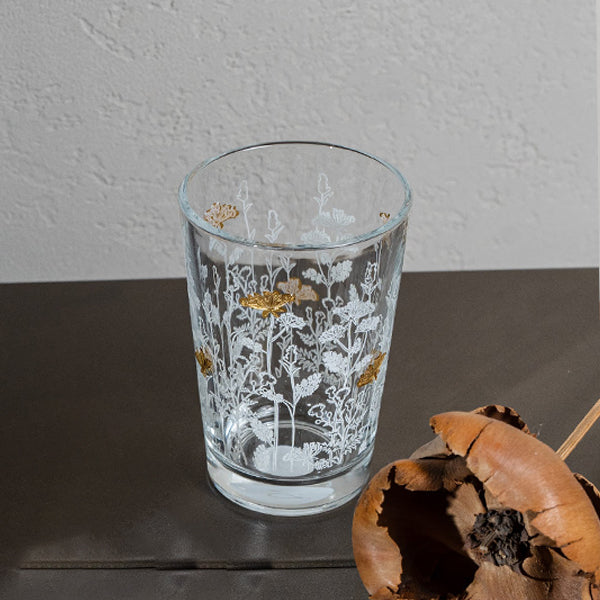 Gold Metallic Botanical flower Drinking Glass Set - طقم اكواب بنقشة نباتية معدني ذهبي