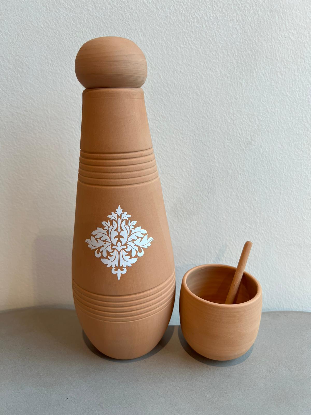 Water Drinking Pot With Cup ,White - فخارة تنقية المياه , أبيض