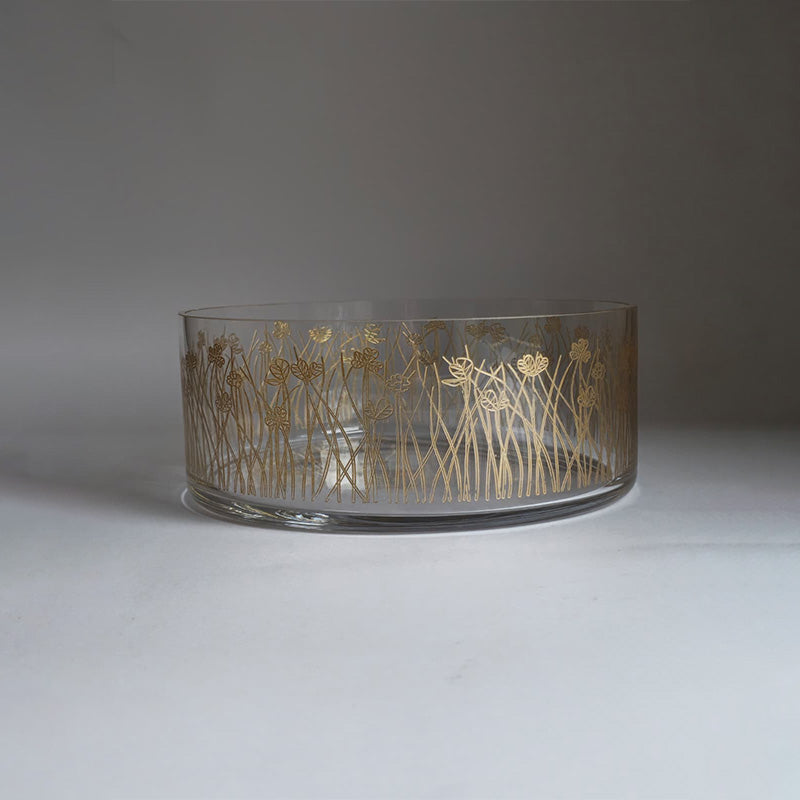 Gold Flying Botanical flower Glazed Satin 20 cm - وعاء تقديم بنقشة نباتية ذهبي 20 سم