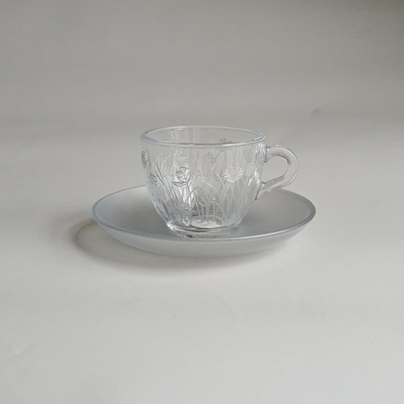 Silver Flying Botanical flower Espresso Cup ,Saucer - طقم اكواب إسبرسو مع صحن غير لامع بنقشة نباتية ,فضي
