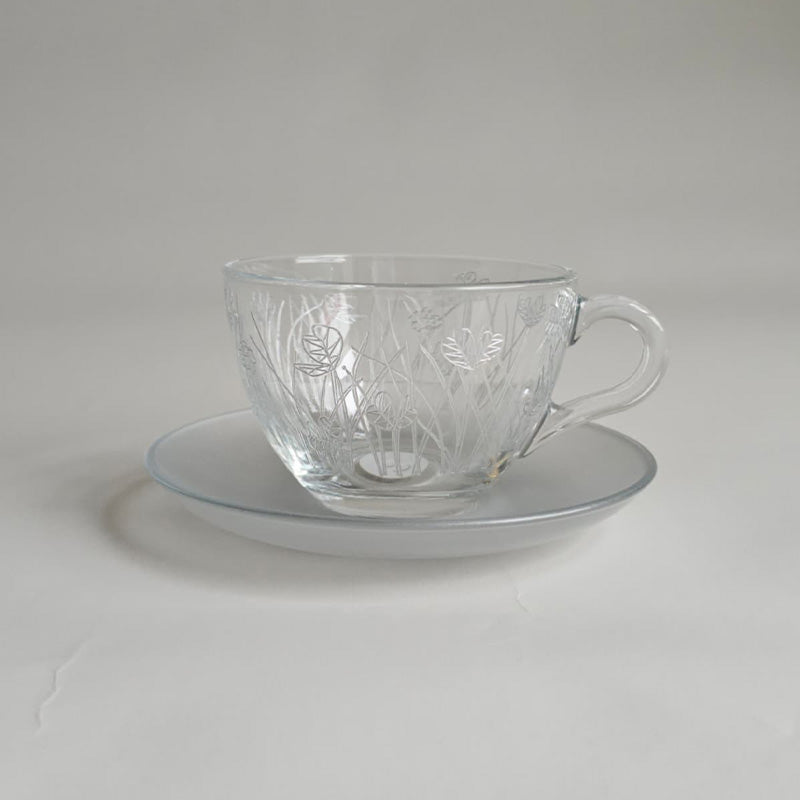 Silver Flying Botanical flower Cappuccino Cup ,Saucer - طقم اكواب كابتشينو مع صحن غير لامع بنقشة نباتية ,فضي