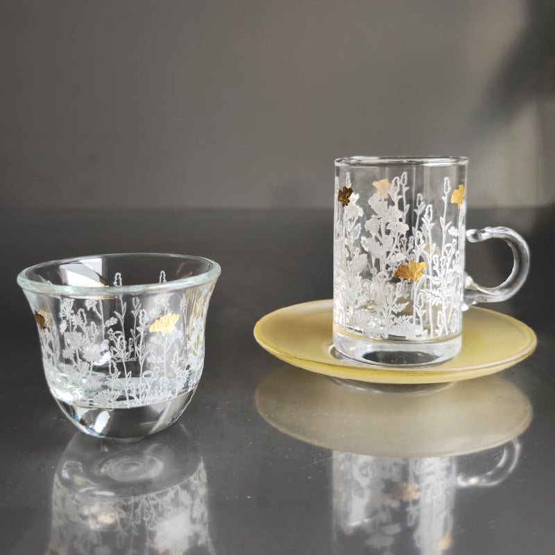 Pre Order Gold Metallic Botanical flower Istekana & Gahwa Set - طلب مسبق طقم استكانات شاي وقهوة بنقشة نباتية معدني ذهبي