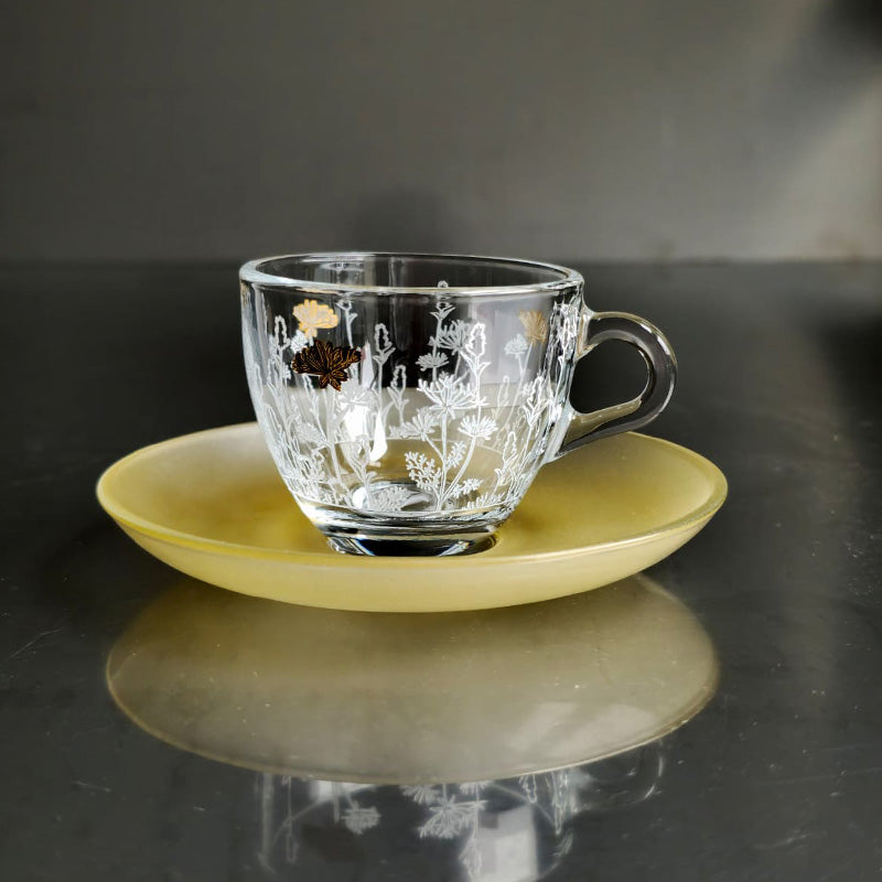 Gold Metalic Botanical flower Espresso Cup ,Saucer - طقم اكواب إسبرسو مع صحن غير لامع بنقشة نباتية معدني,ذهبي