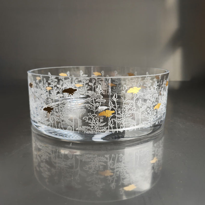 Gold Metallic Botanical flower Large Bowl Glazed Satin 25 cm - وعاء تقديم بنقشة نباتية معدني ذهبي 25 سم