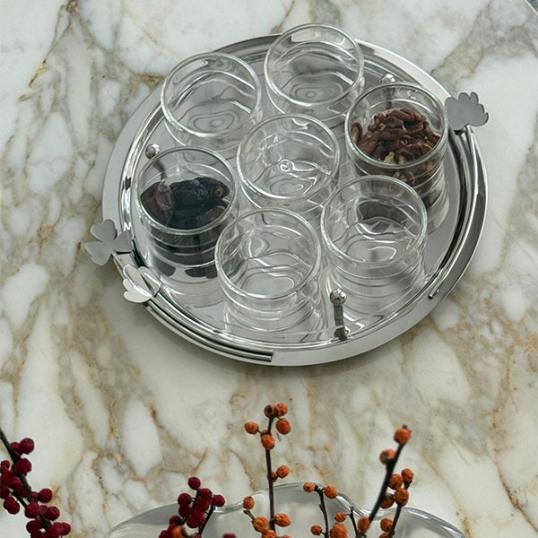Botanical Round Serving Tray with 7 Cups - صينية تقديم دائرية بوتانيكال مع 7 أكواب