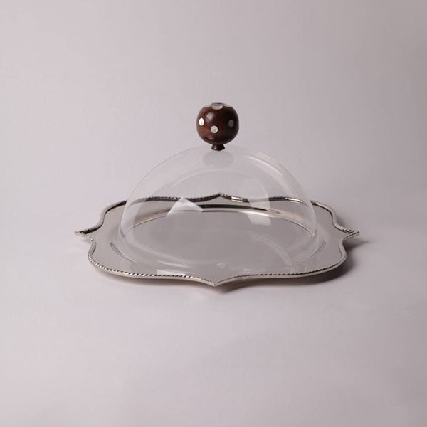 Silver Tray With Wooden Handle Ball - صينية مع غطاء مقبض خشبي كروي