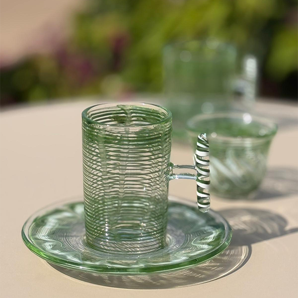 Istekana & Gahwa Set With Handles , Green - طقم استكانات شاي وقهوة ,أخضر