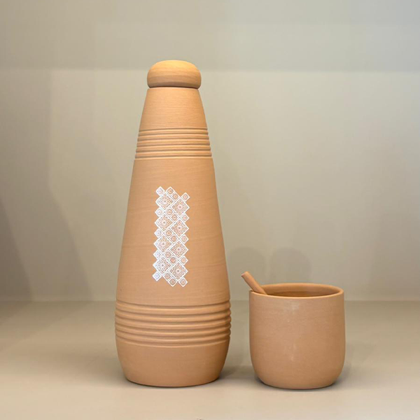 Water Drinking Pot With Cup , White - فخارة تنقية المياه ,أبيض