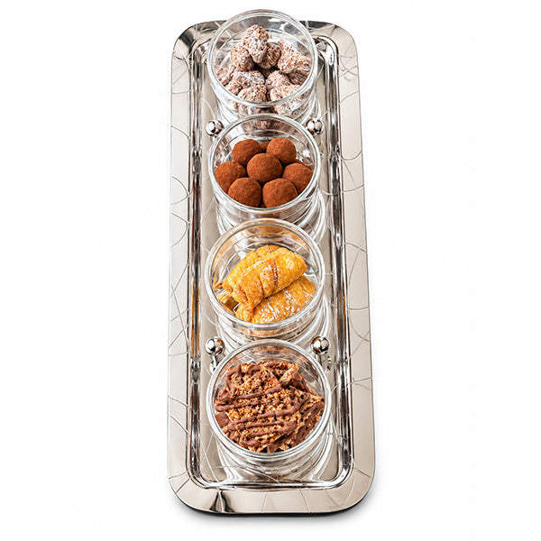 Abstract Silver Tray with 4 Cups - صينية فضية بتصميم أنيق مع 4 أكواب