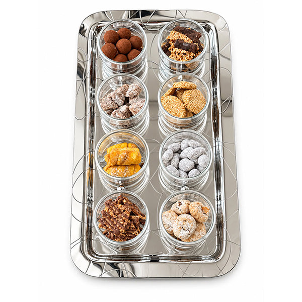 Abstract Silver Serving Tray with 8 Cups - صينية تقديم فضية بتصميم أنيق مع 8 أكواب