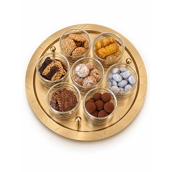 Abstract Gold Round Tray with 7 Cups - صينية دائرية ذهبية بتصميم أنيق مع 7 أكواب