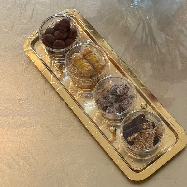 Abstract Gold Tray with 4 Cups - صينية ذهبية بتصميم أنيق مع 4 أكواب