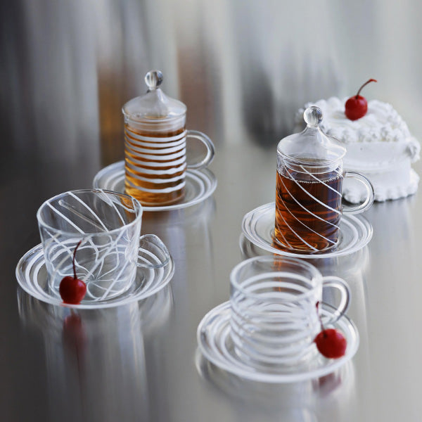 6 PC TEA CUP WITH SAUCER WHITE STRIPES 6 PCS 11.5x6.5 CM -6 قطع فناجين شاي مع صحن خطوط بيضاء 6 قطع 11.5 × 6.5 سم