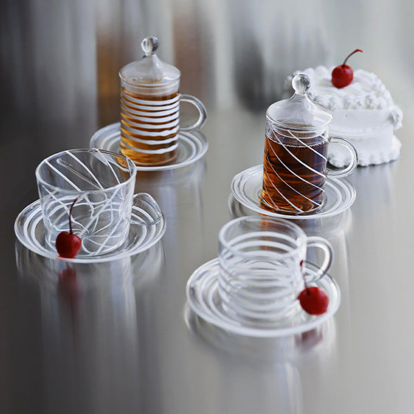 6 PC TEA CUP WITH SAUCER SWIRL WHITE STRIPES 6 PCS 11.5x6.5 CM - 6 قطع فناجين شاي مع صحن خطوط بيضاء 6 قطع 11.5x6.5 سم