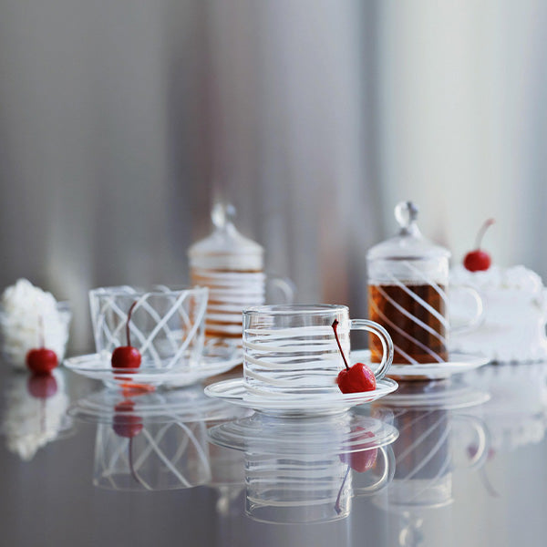 6 PC TEA CUP WITH SAUCER SWIRL WHITE STRIPES 6 PCS 11.5x6.5 CM - 6 قطع فناجين شاي مع صحن خطوط بيضاء 6 قطع 11.5x6.5 سم