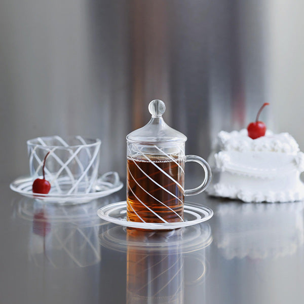 6 PC TEA CUP WITH LID AND SAUCER SWIRL STRIPES 6 PCS 11X12.5 CM - 6 قطع فناجين شاي مع غطاء وصحن خطوط دوامية 6 قطع 11 × 12.5 سم