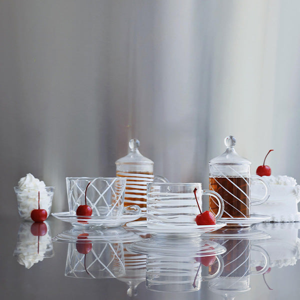 6 PC TEA CUP WITH SAUCER WHITE STRIPES 6 PCS 11.5x6.5 CM -6 قطع فناجين شاي مع صحن خطوط بيضاء 6 قطع 11.5 × 6.5 سم