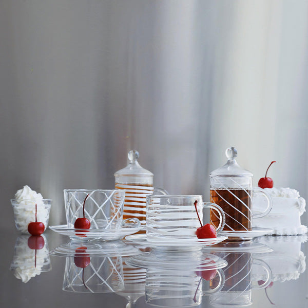 6 PC TEA CUP WITH LID AND SAUCER SWIRL STRIPES 6 PCS 11X12.5 CM - 6 قطع فناجين شاي مع غطاء وصحن خطوط دوامية 6 قطع 11 × 12.5 سم