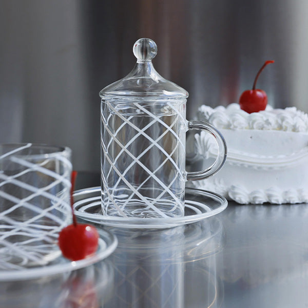 6 PC TEA CUP WITH LID AND SAUCER SWIRL STRIPES 6 PCS 11X12.5 CM - 6 قطع فناجين شاي مع غطاء وصحن خطوط دوامية 6 قطع 11 × 12.5 سم