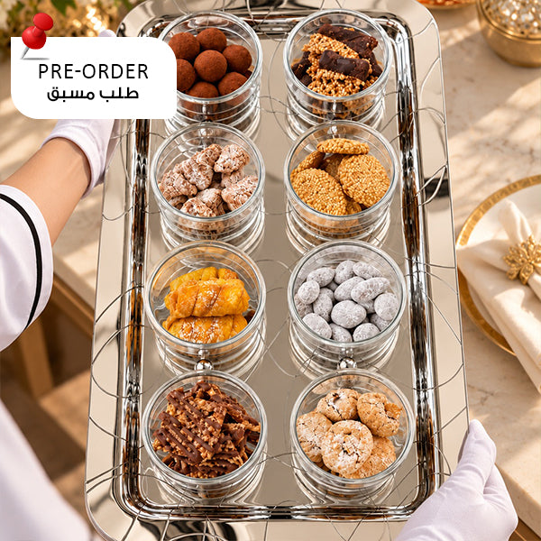 Abstract Silver Serving Tray with 8 Cups - صينية تقديم فضية بتصميم أنيق مع 8 أكواب