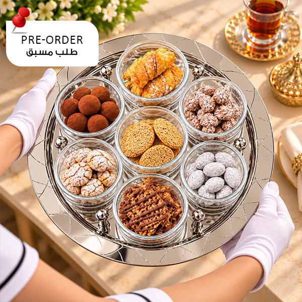 Abstract Silver Round Tray with 7 Cups - صينية دائرية فضية بتصميم أنيق مع 7 أكواب