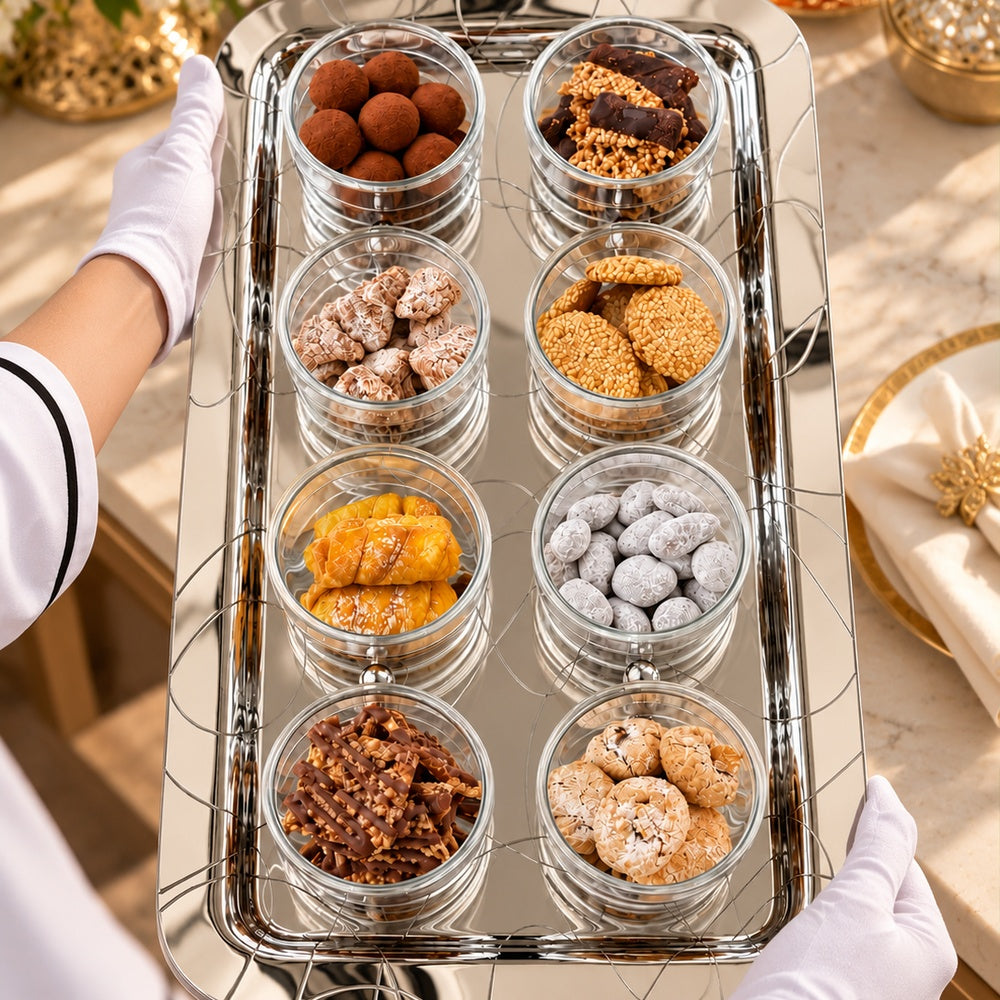 Abstract Silver Serving Tray with 8 Cups - صينية تقديم فضية بتصميم أنيق مع 8 أكواب