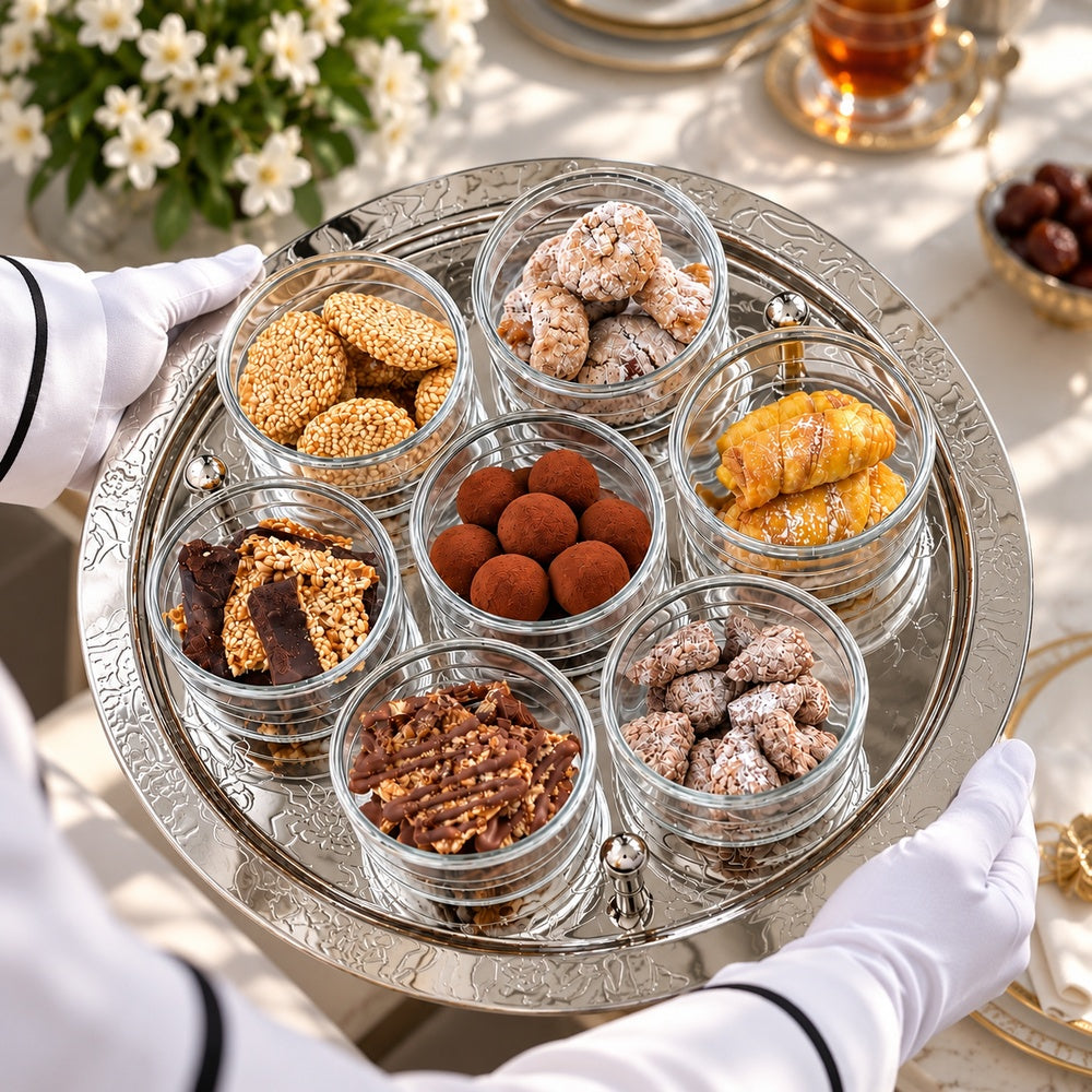Silver Round Serving Tray with 7 Cups - صينية تقديم دائرية فضية مع 7 أكواب