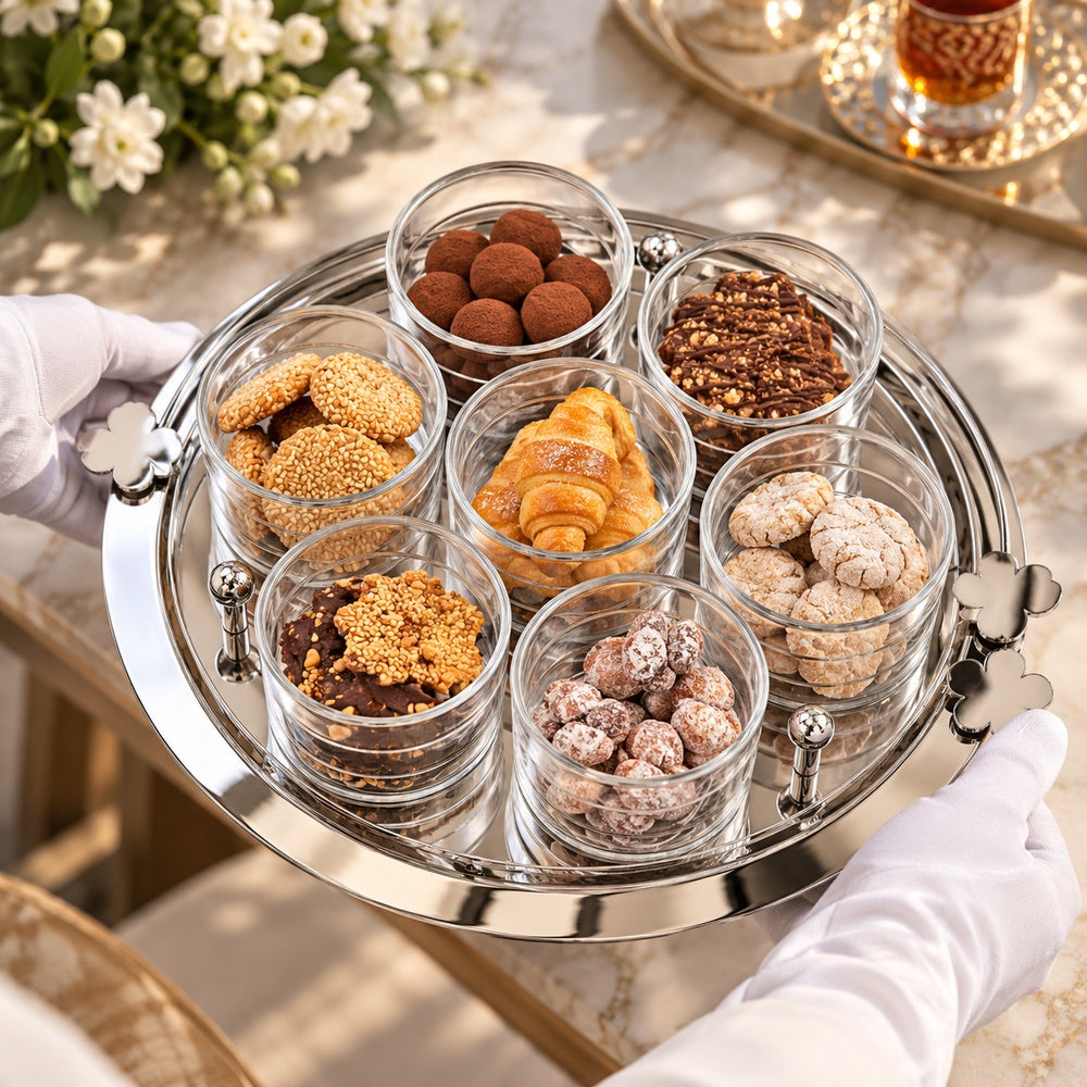 Botanical Round Serving Tray with 7 Cups - صينية تقديم دائرية بوتانيكال مع 7 أكواب