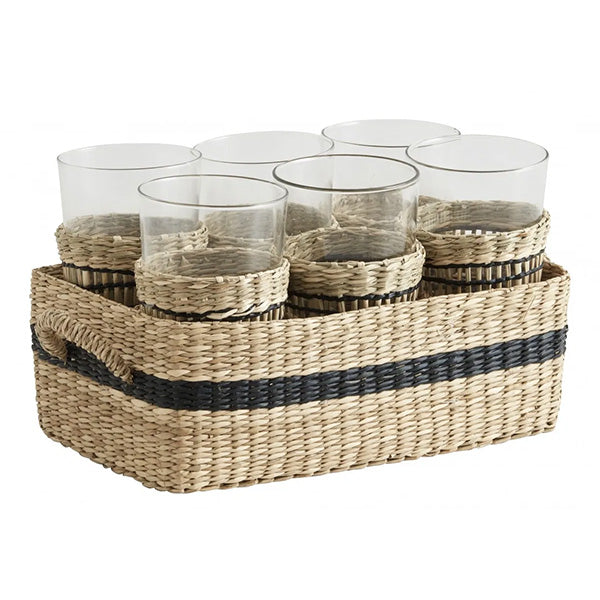 Basket w/6 glasses, seagrass, natural - سلة من الآعشاب البحرية و6أكواب زجاجية