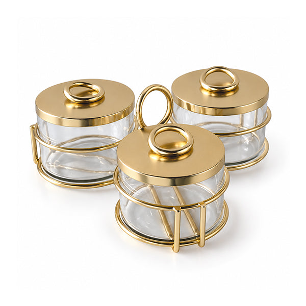 3 Condiment Set, Gold Color - طقم 3 علب بهارات ، لون ذهبي